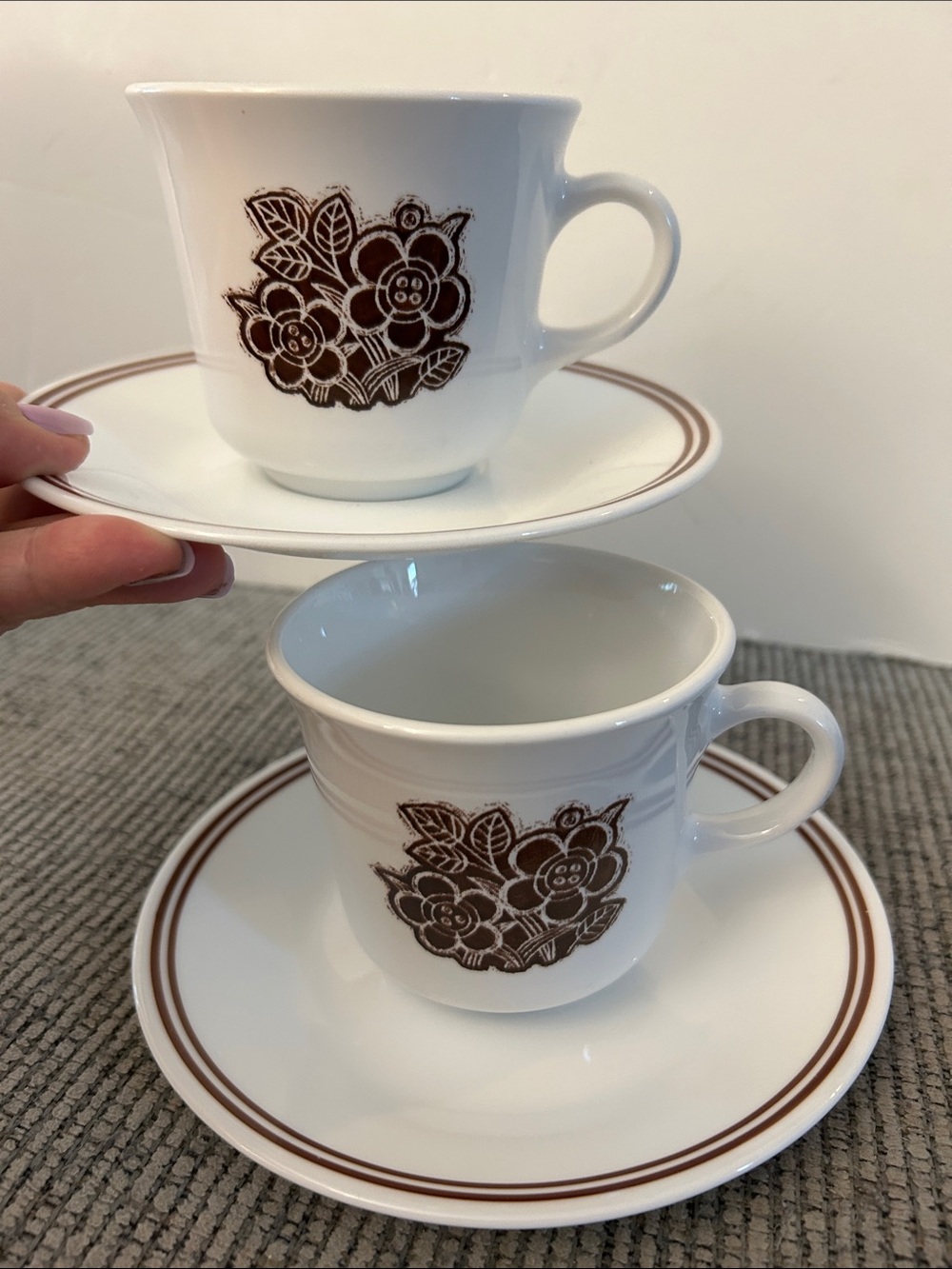 Corelle Batik White Ceramic Tea Cup & Saucer Set with Brown Floral Motif